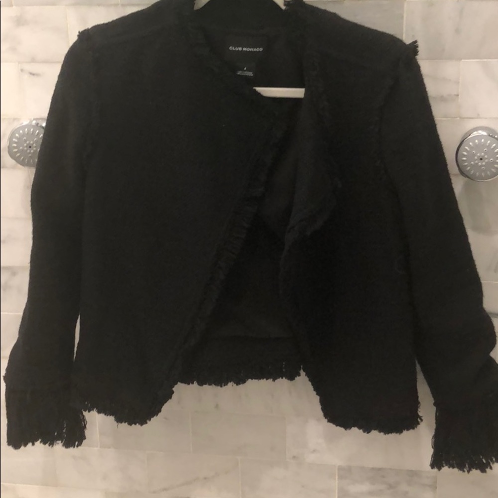Adorable black jacket with fringe trim